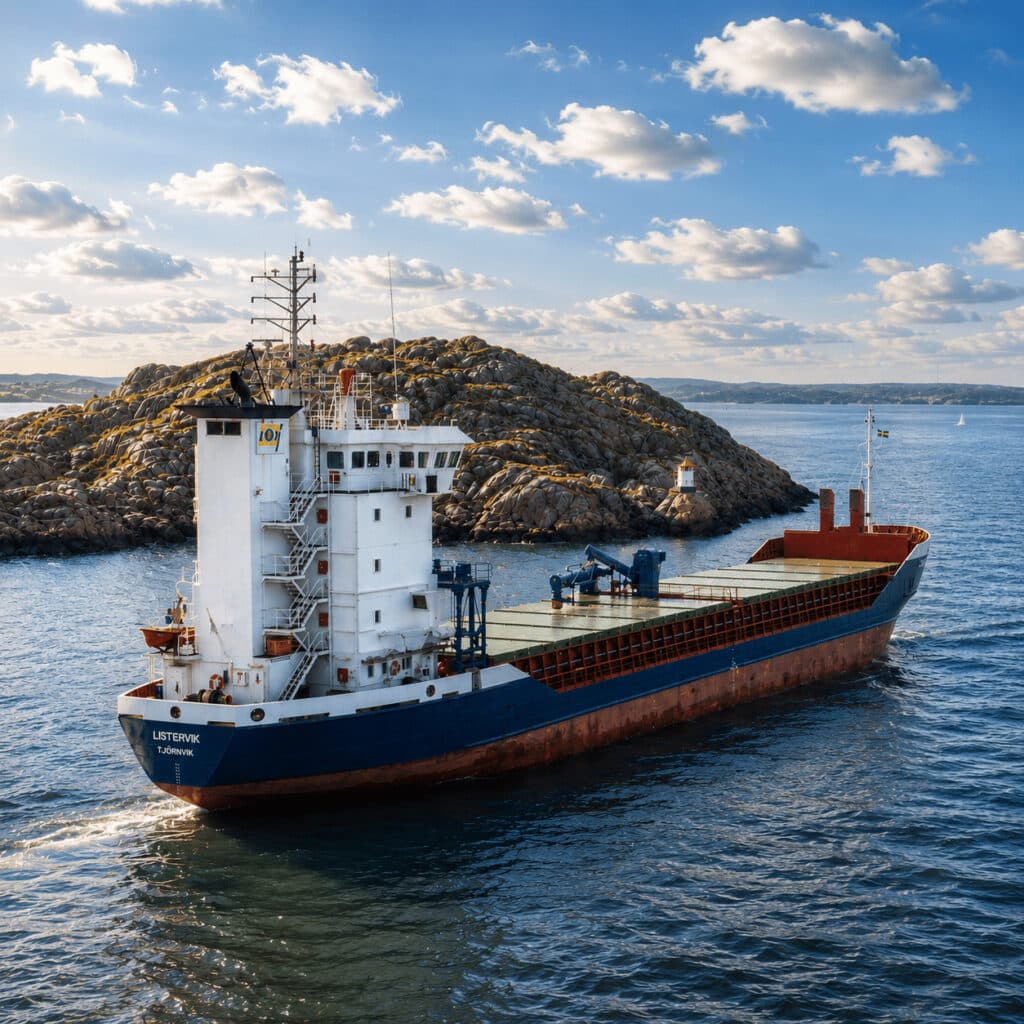 M/V Listervik passing an islet in the archipelago